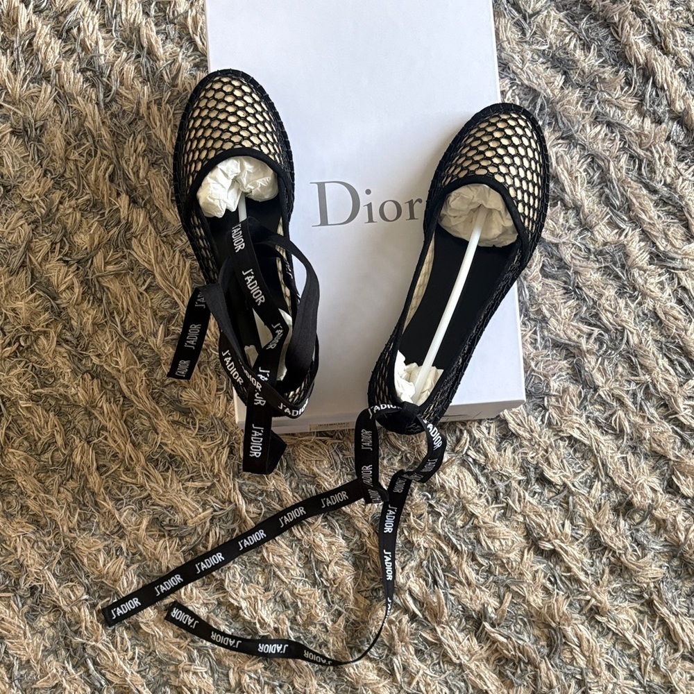 BNIB! Dior Miss J'Adior Black Openwork Mesh Ankle Tie Ballet Flats 36